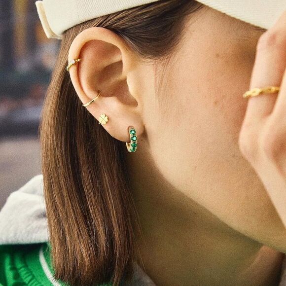 14K Yellow Gold 925 Sterling Silver Emerald Green Cubic Zirconia Huggie Earrings - Picture 3 of 7